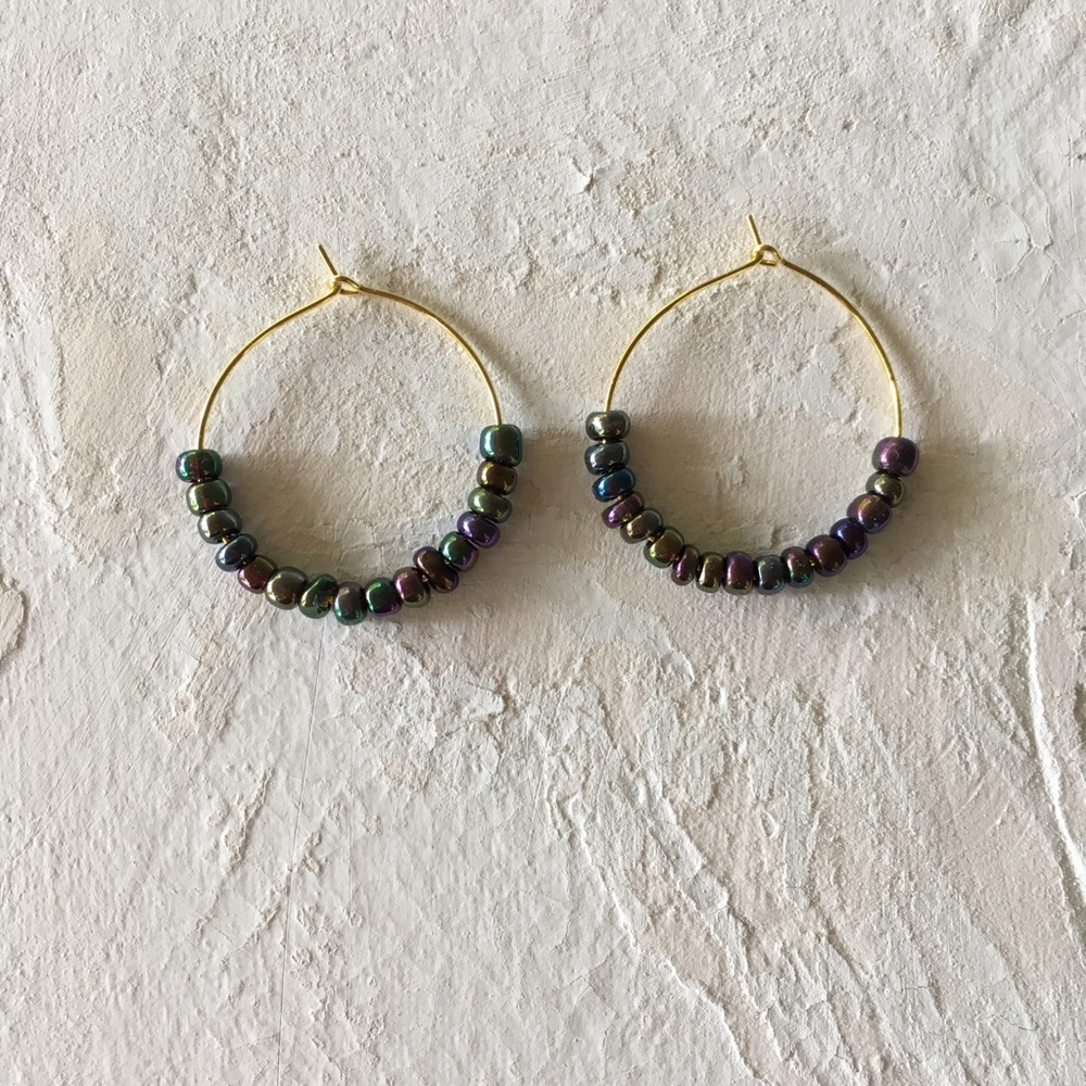 Gold Hoops With Rainbow Peacock Beads